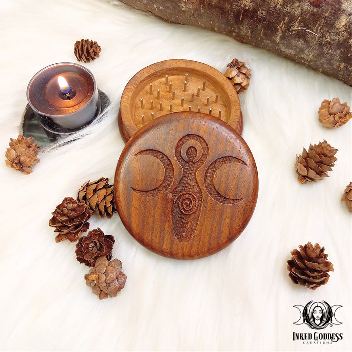 Carved Wooden Herb Grinder - Triple Moon, Goddess, Pentacle or Triquetra- Inked Goddess Creations