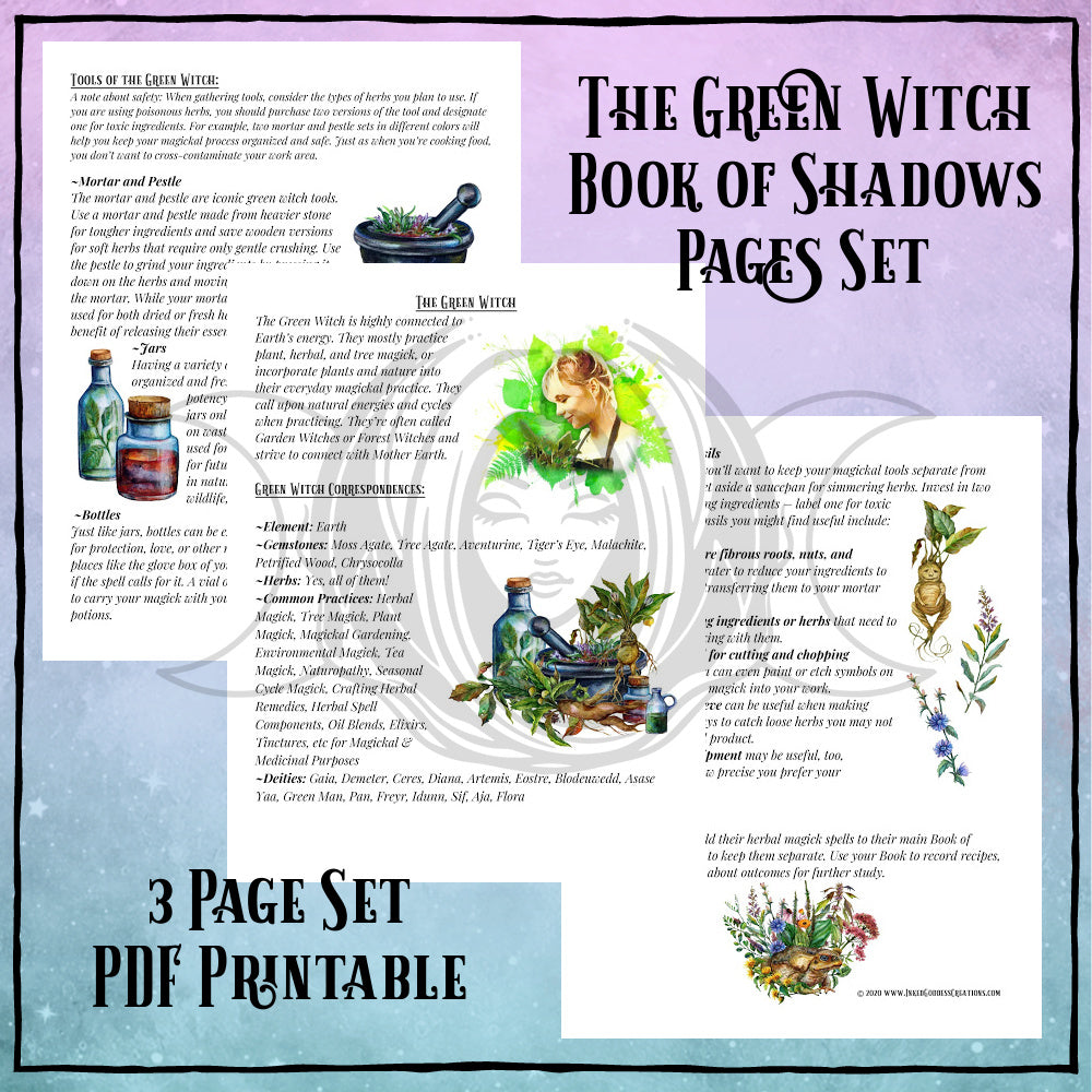 Green Witch Book of Shadows Pages Set- PDF Printables- Inked Goddess Creations