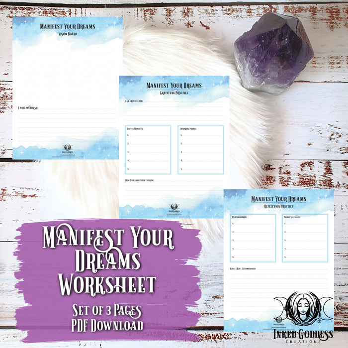 Manifest Your Dreams Worksheet Set of 3 Pages- PDF Download- Inked Goddess Creations