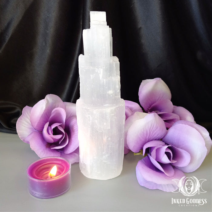 Raw Selenite Tower for Meditation and Cleansing- Inked Goddess Creations
